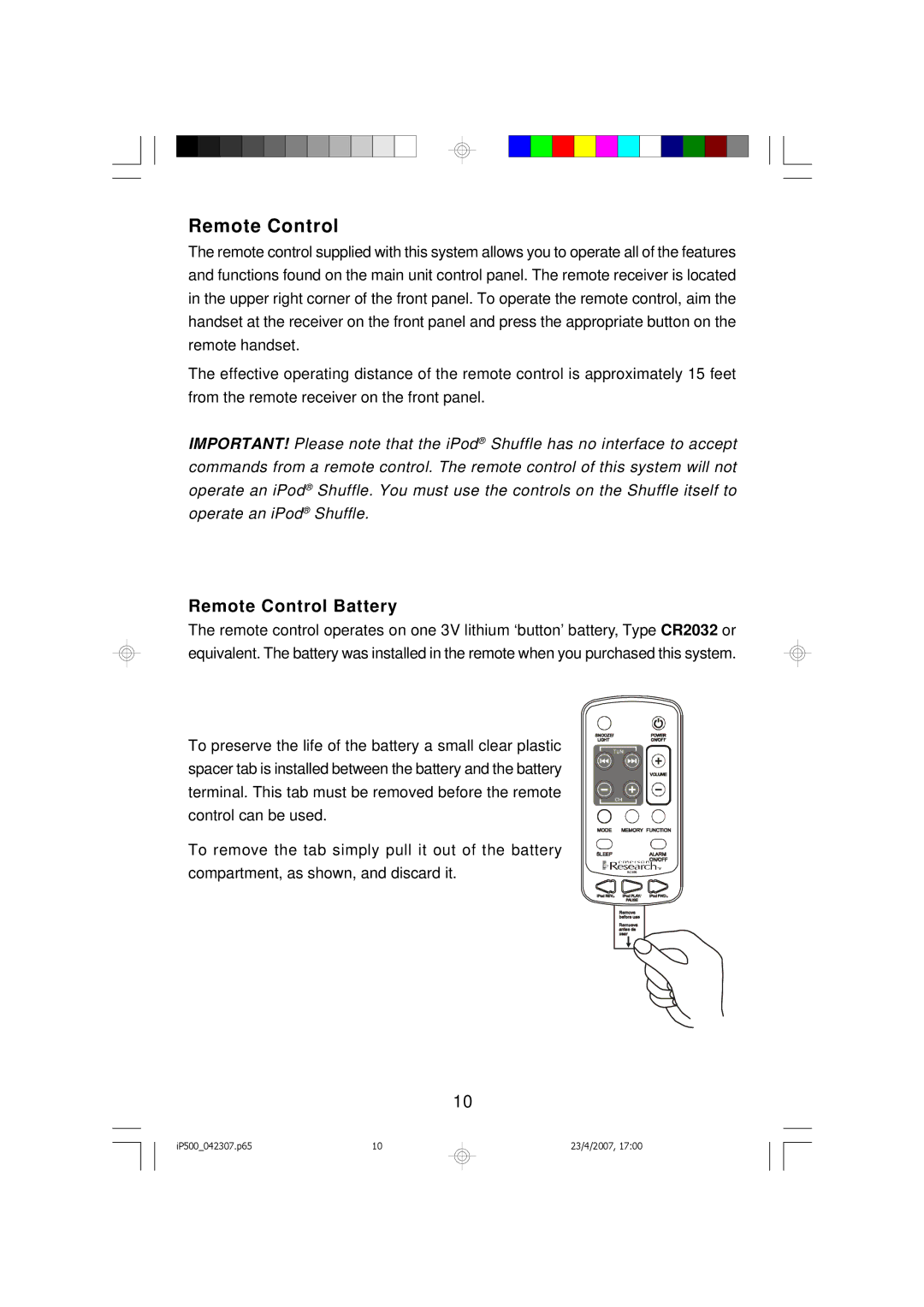 Emerson iP500 owner manual Remote Control Battery 