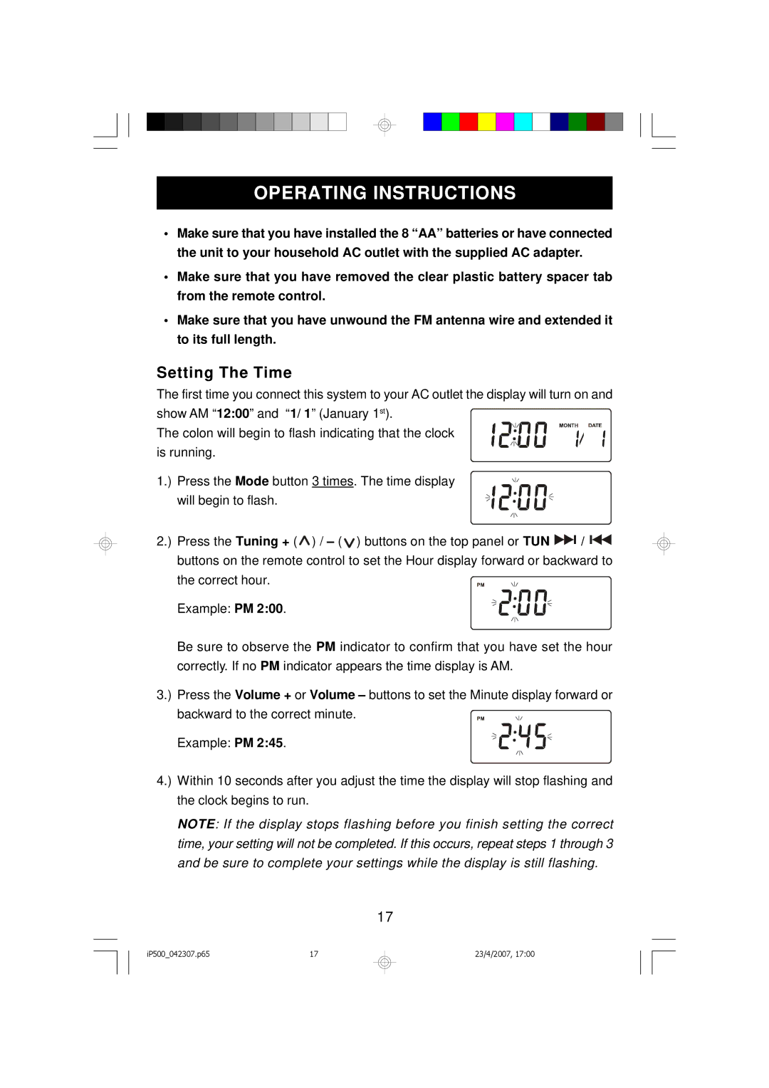 Emerson iP500 owner manual Operating Instructions, Setting The Time 