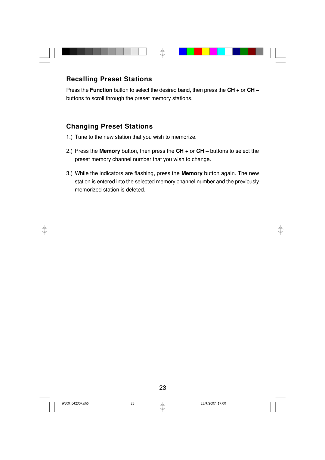 Emerson iP500 owner manual Recalling Preset Stations, Changing Preset Stations 