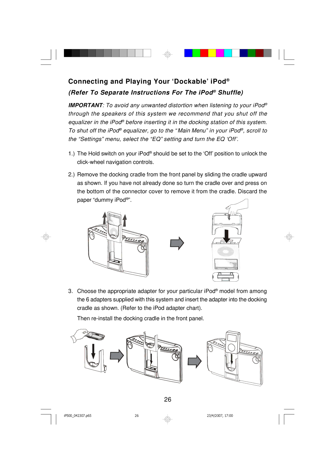 Emerson iP500 owner manual Connecting and Playing Your ‘Dockable’ iPod, Refer To Separate Instructions For The iPod Shuffle 