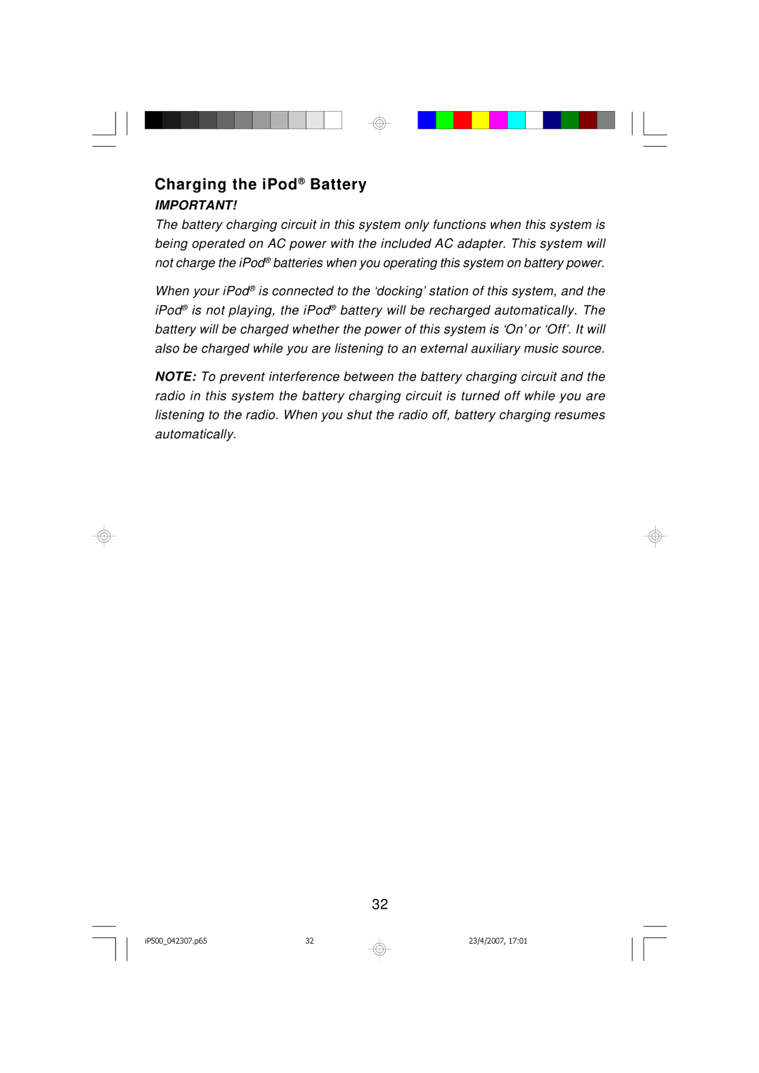 Emerson iP500 owner manual Charging the iPod Battery 