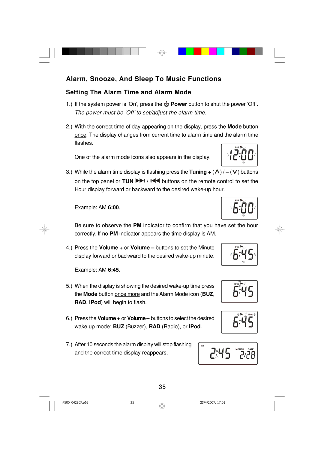 Emerson iP500 owner manual Alarm, Snooze, And Sleep To Music Functions, Setting The Alarm Time and Alarm Mode 