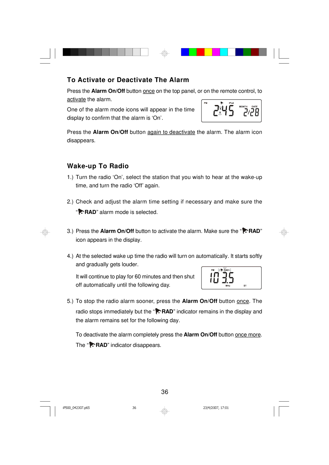 Emerson iP500 owner manual To Activate or Deactivate The Alarm, Wake-up To Radio 