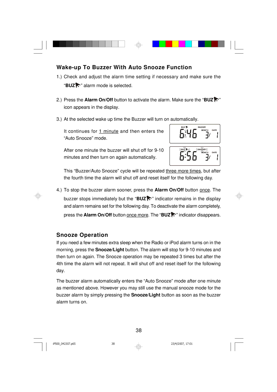 Emerson iP500 owner manual Wake-up To Buzzer With Auto Snooze Function, Snooze Operation 