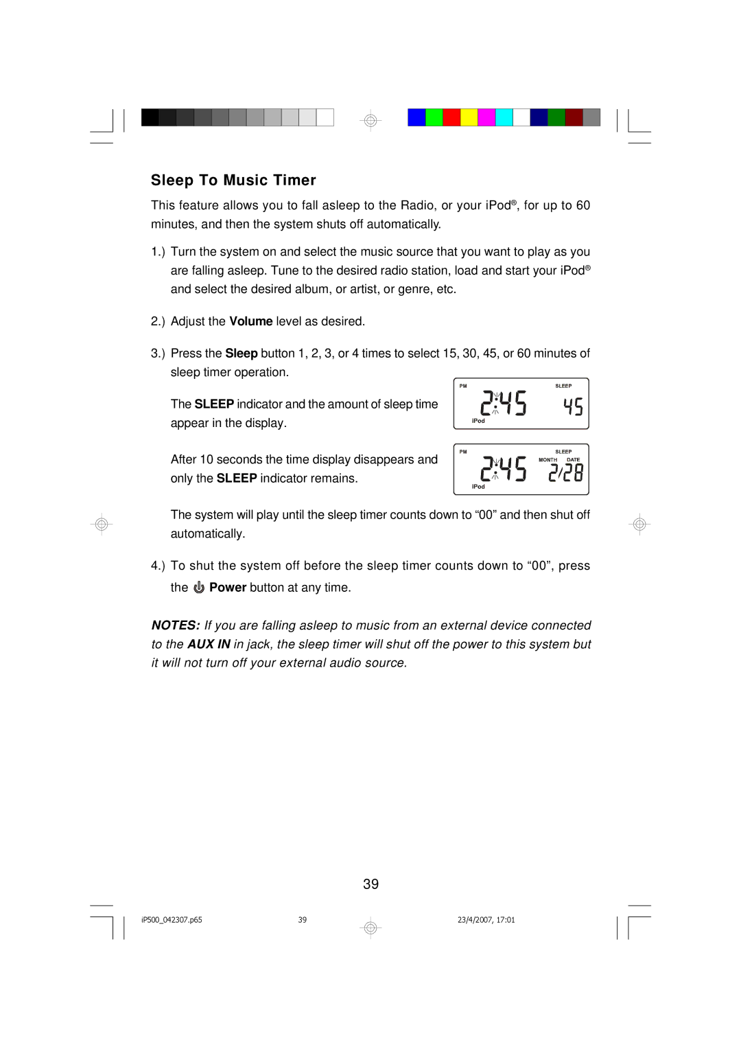 Emerson iP500 owner manual Sleep To Music Timer 