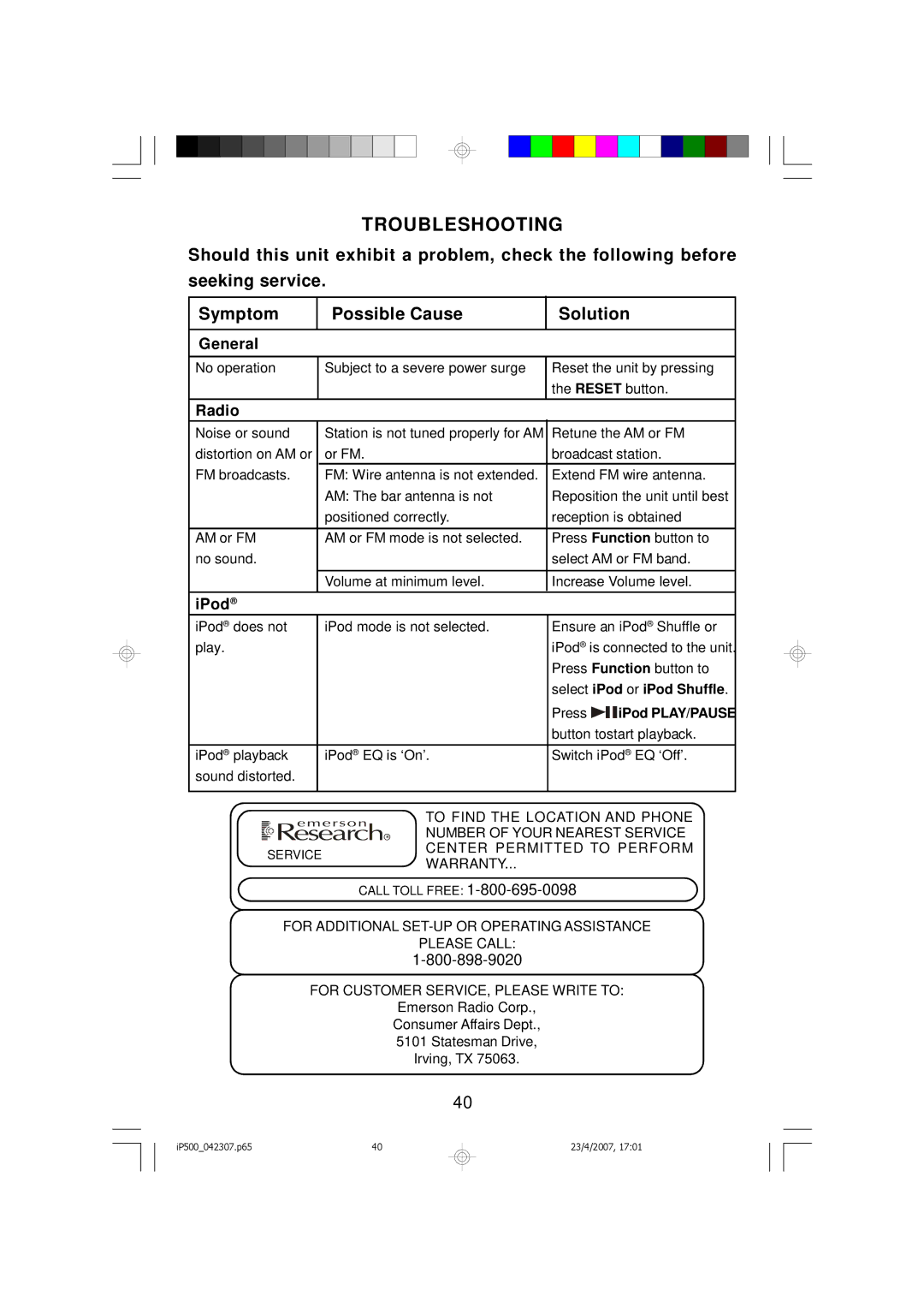 Emerson iP500 owner manual Troubleshooting 