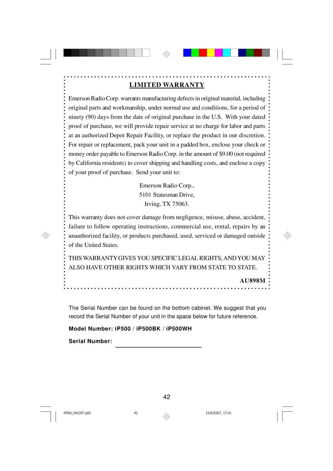 Emerson iP500 owner manual Limited Warranty 