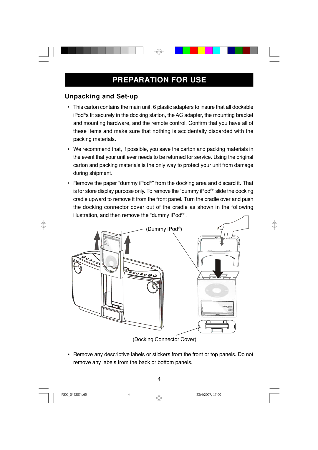 Emerson iP500 owner manual Preparation for USE, Unpacking and Set-up 