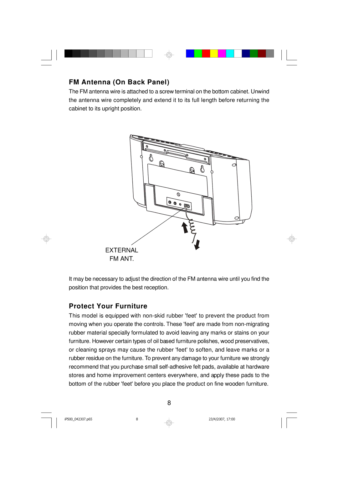 Emerson iP500 owner manual FM Antenna On Back Panel, Protect Your Furniture 