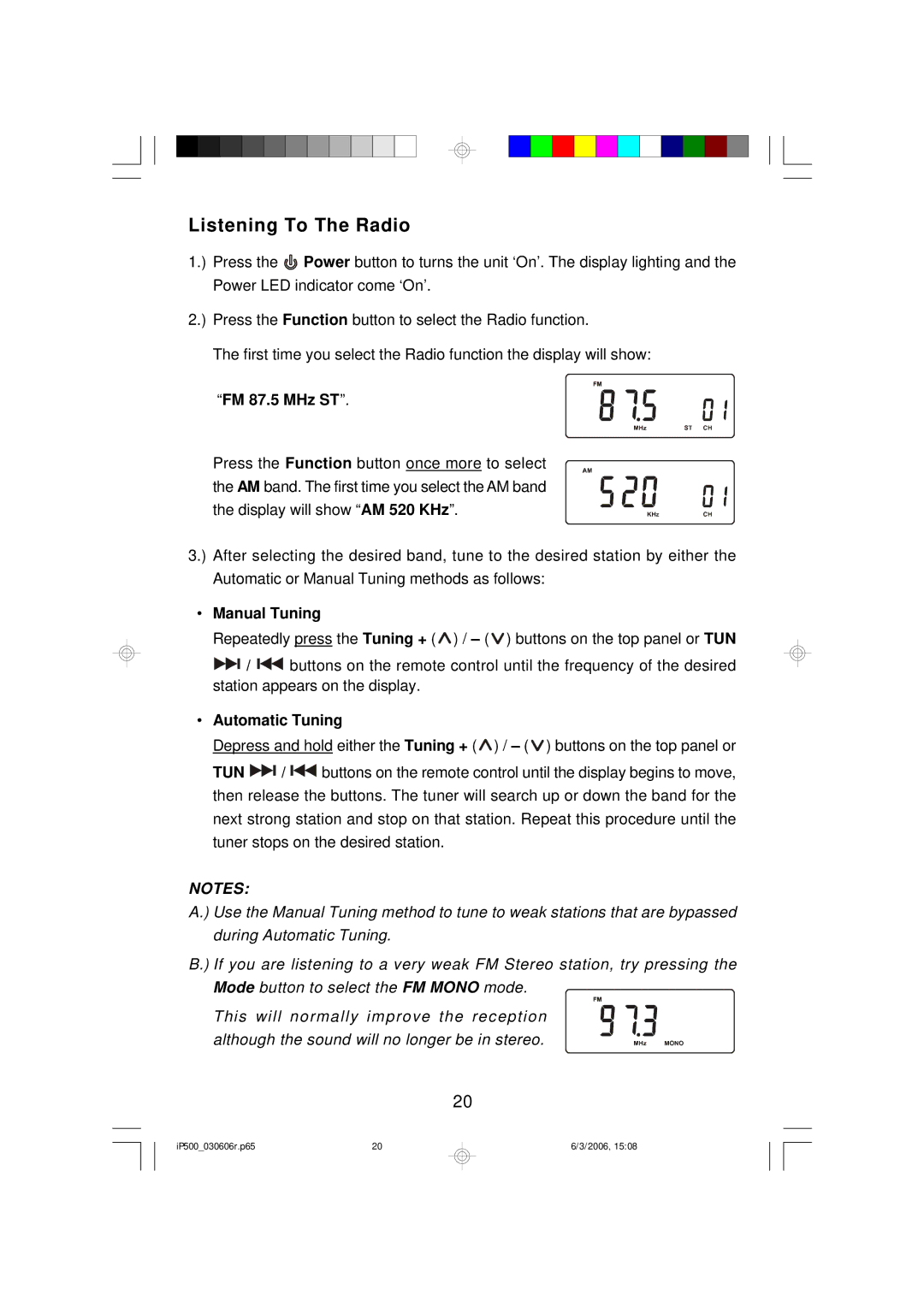 Emerson iP500WHC, iP500C, iP500BKC owner manual Listening To The Radio, FM 87.5 MHz ST 