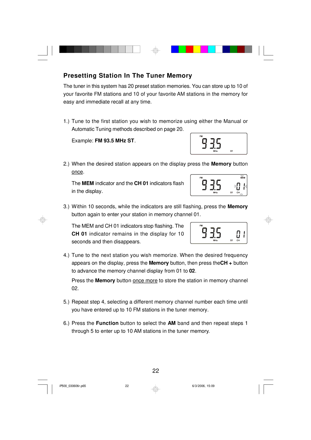 Emerson iP500BKC, iP500WHC, iP500C owner manual Presetting Station In The Tuner Memory, Example FM 93.5 MHz ST 