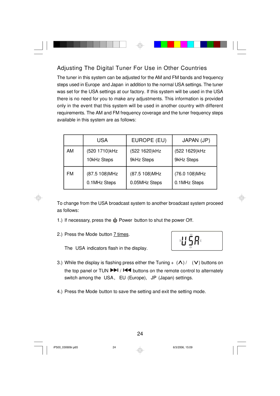 Emerson iP500C, iP500WHC, iP500BKC Adjusting The Digital Tuner For Use in Other Countries, USA Europe EU Japan JP 