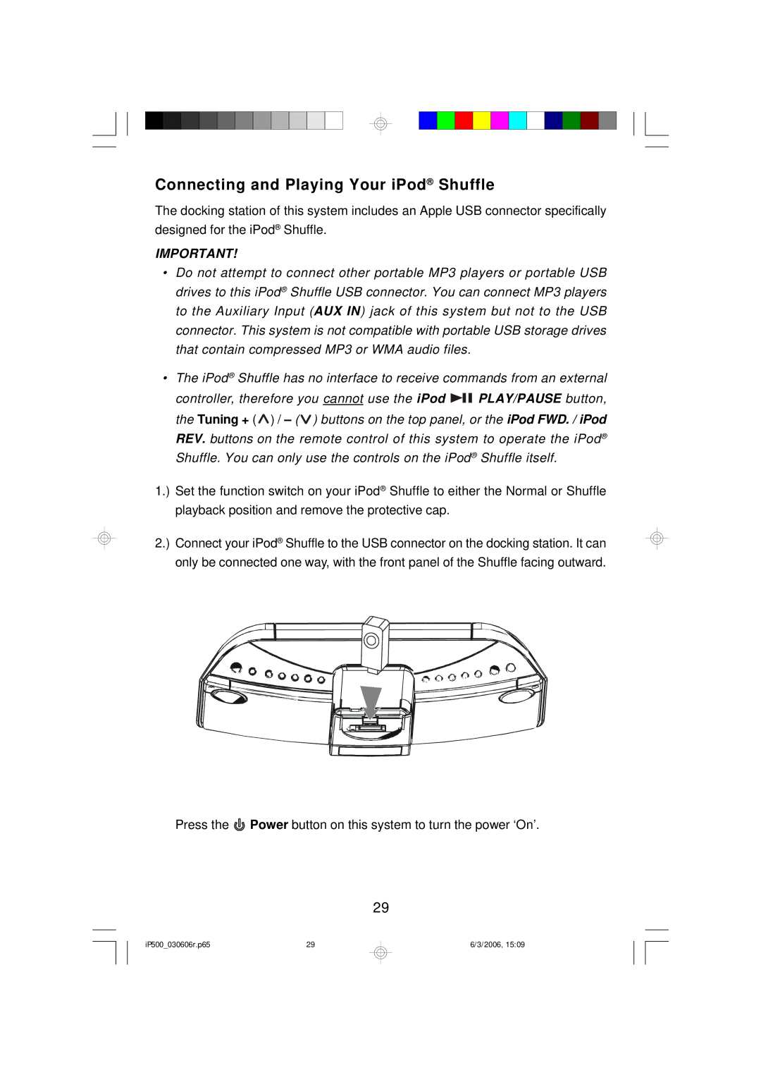 Emerson iP500WHC, iP500C, iP500BKC owner manual Connecting and Playing Your iPod Shuffle 