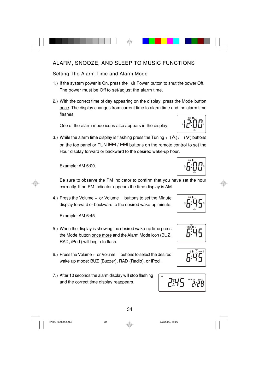 Emerson iP500BKC, iP500WHC, iP500C ALARM, SNOOZE, and Sleep to Music Functions, Setting The Alarm Time and Alarm Mode 