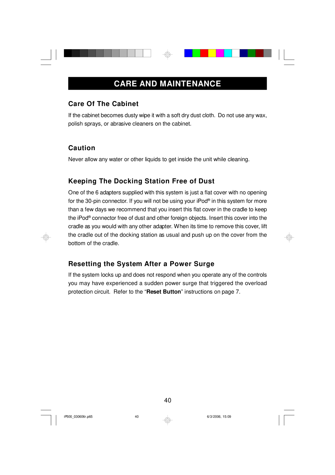 Emerson iP500BKC Care Of The Cabinet, Keeping The Docking Station Free of Dust, Resetting the System After a Power Surge 