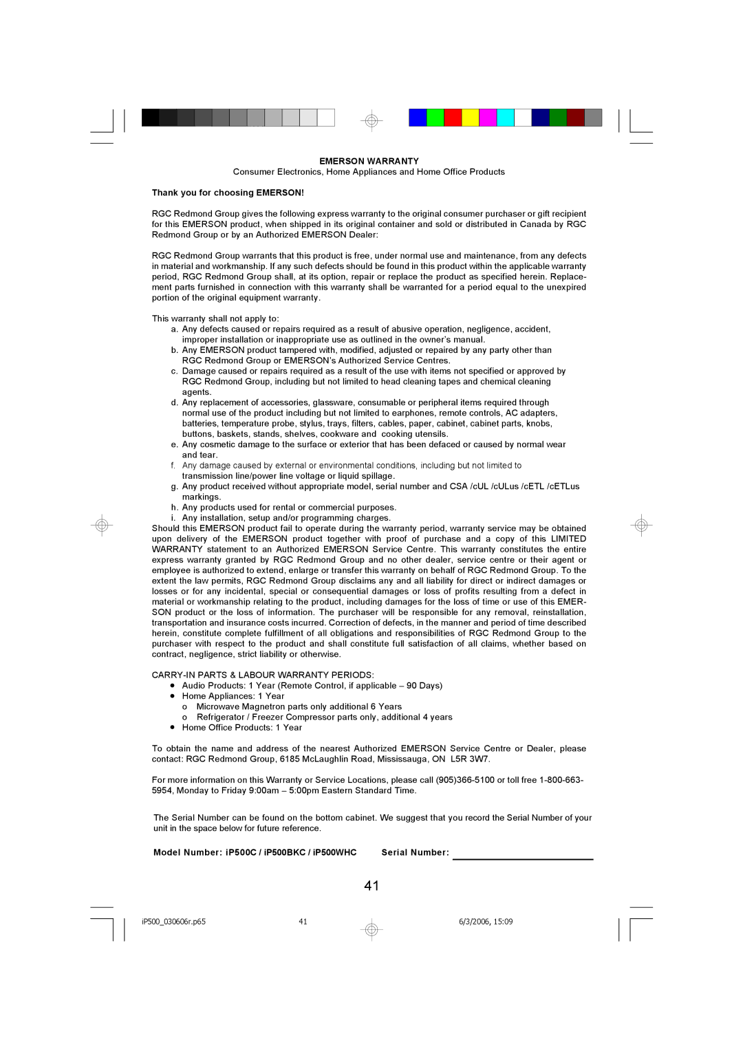 Emerson iP500WHC, iP500C, iP500BKC owner manual Emerson Warranty 