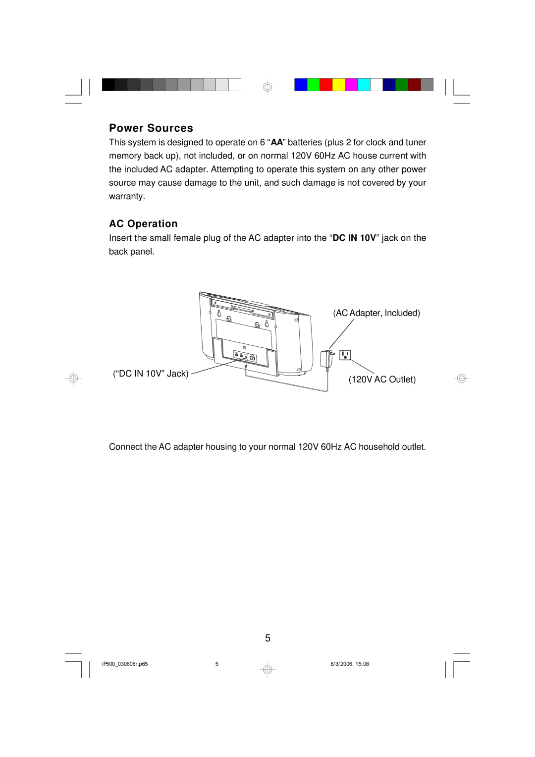 Emerson iP500WHC, iP500C, iP500BKC owner manual Power Sources, AC Operation 