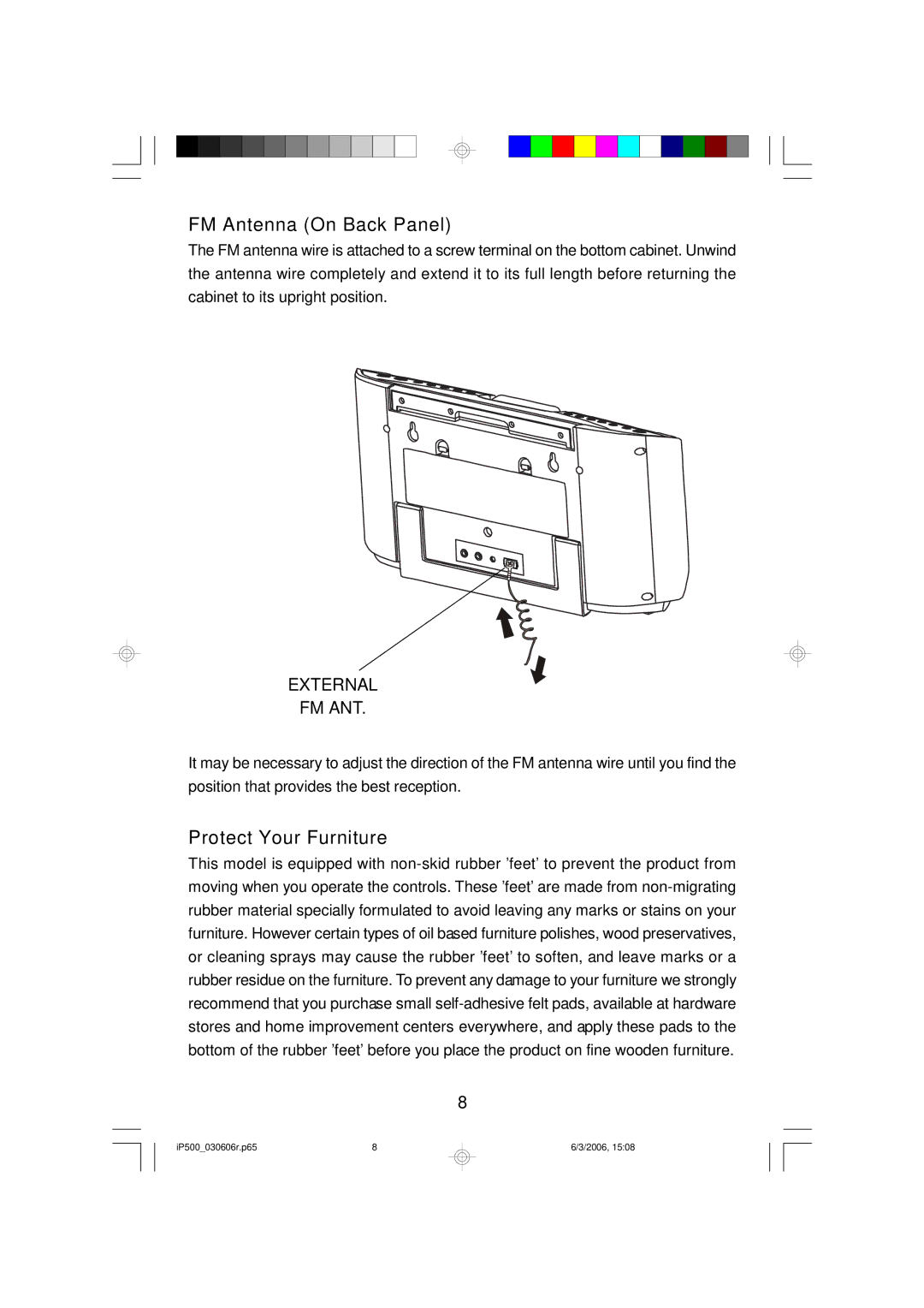 Emerson iP500WHC, iP500C, iP500BKC owner manual FM Antenna On Back Panel, Protect Your Furniture 