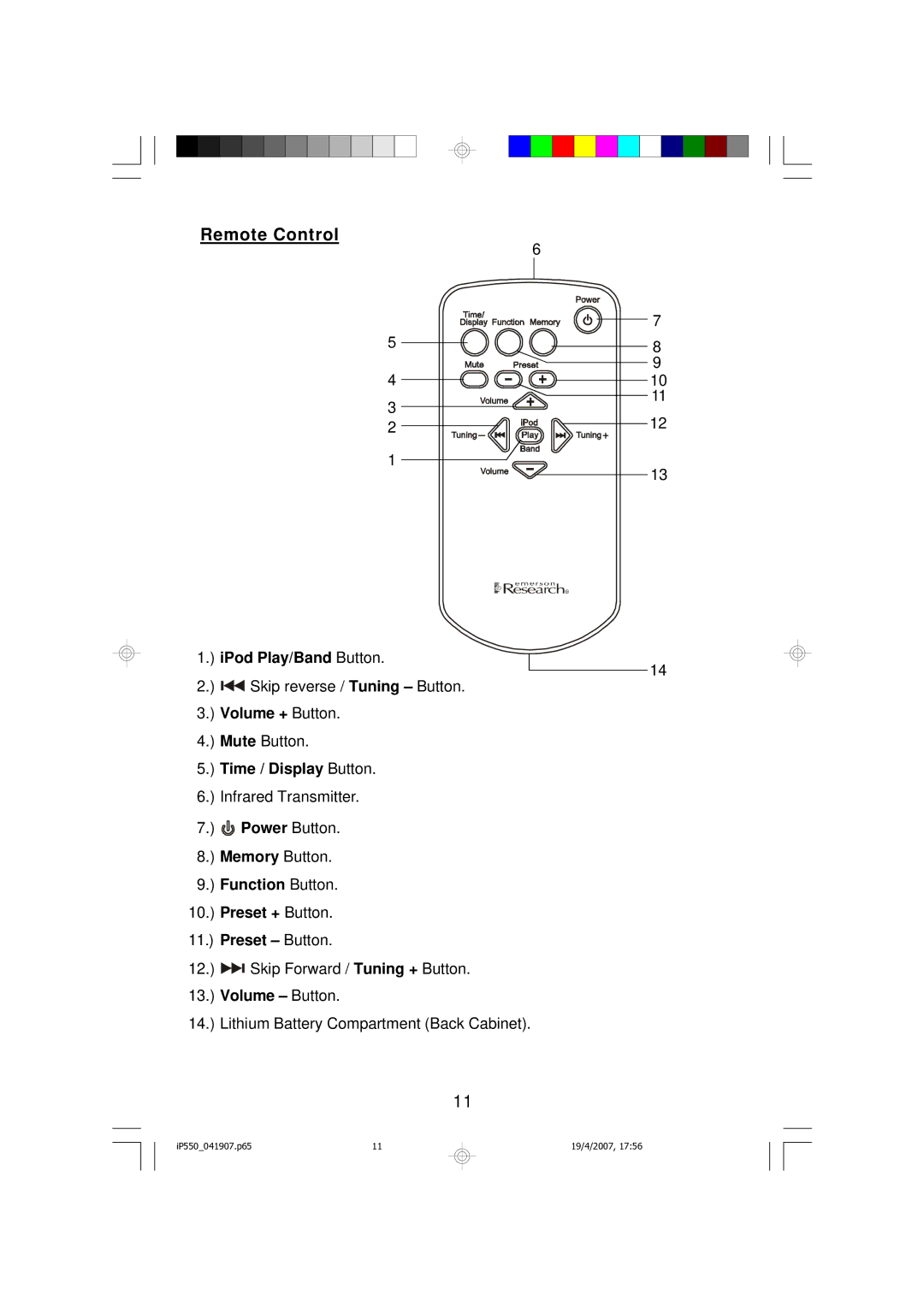 Emerson iP550BK owner manual Remote Control 