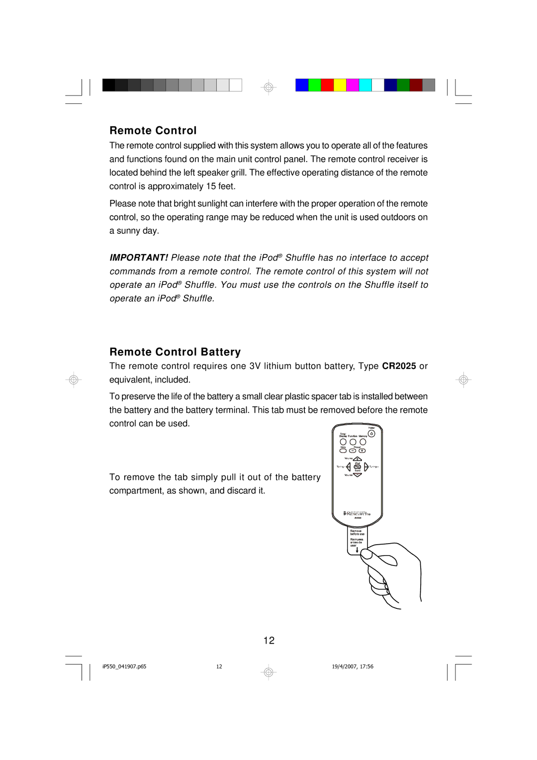 Emerson iP550BK owner manual Remote Control Battery 