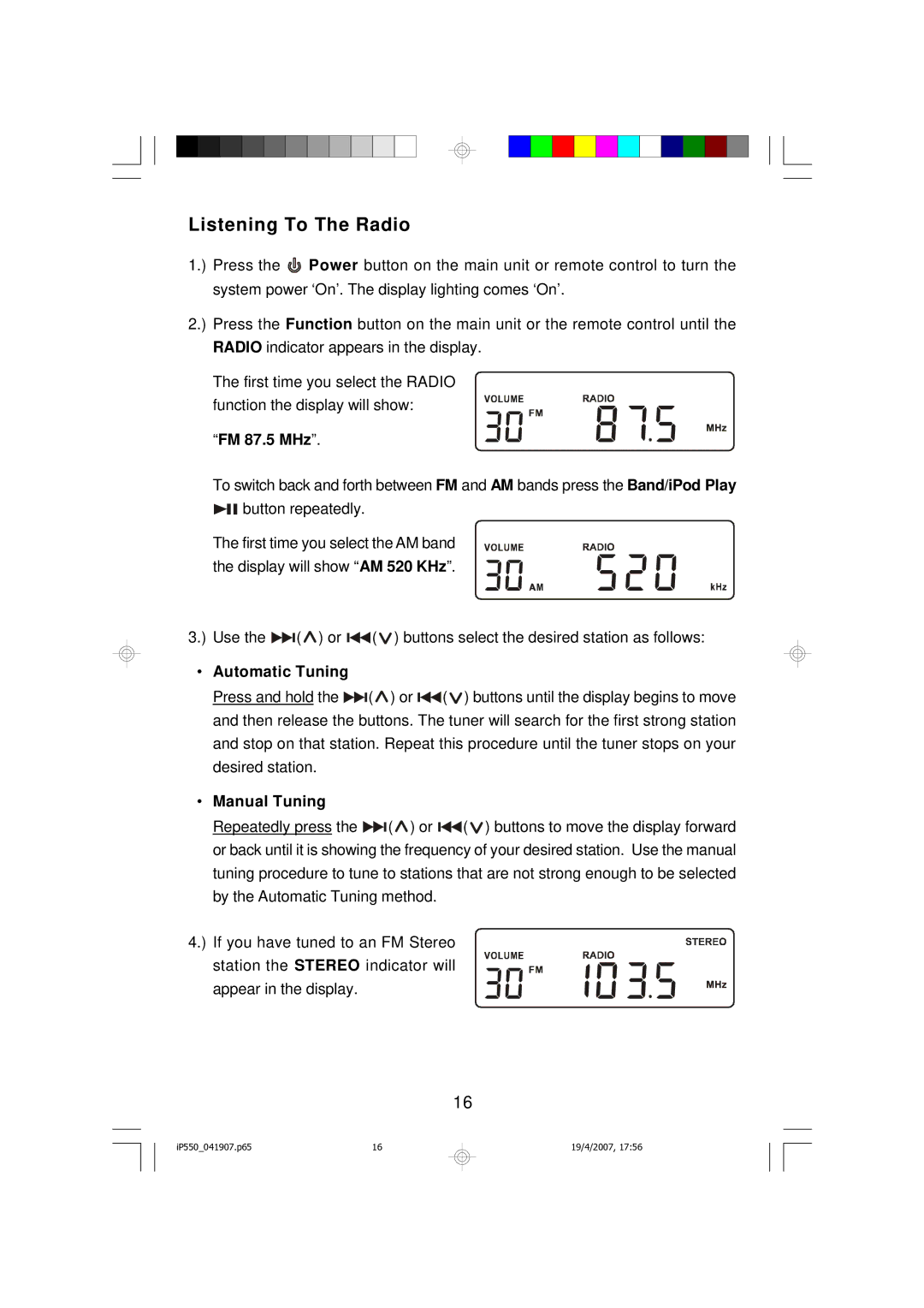 Emerson iP550BK owner manual Listening To The Radio, FM 87.5 MHz 