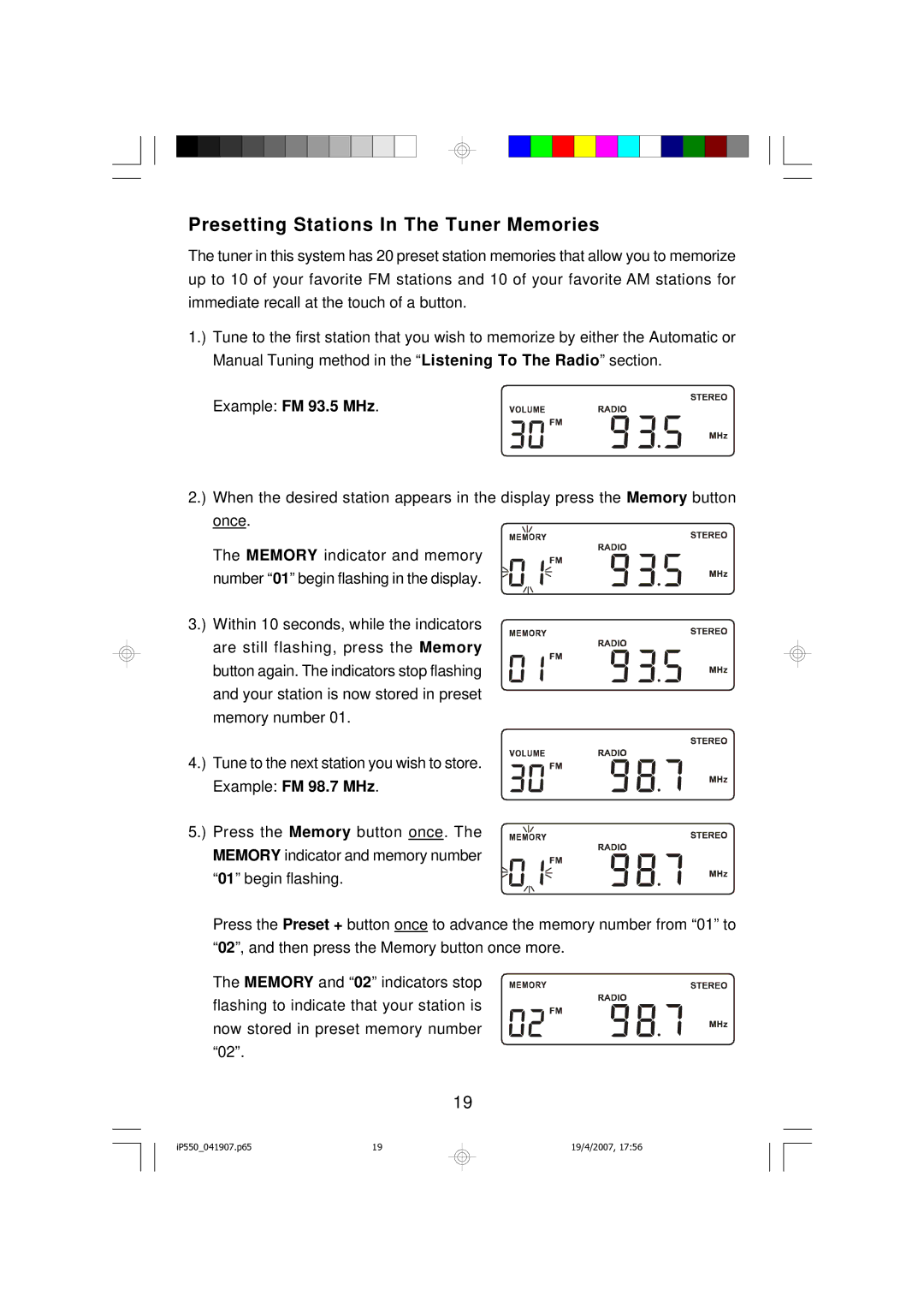 Emerson iP550BK owner manual Presetting Stations In The Tuner Memories, Example FM 93.5 MHz 