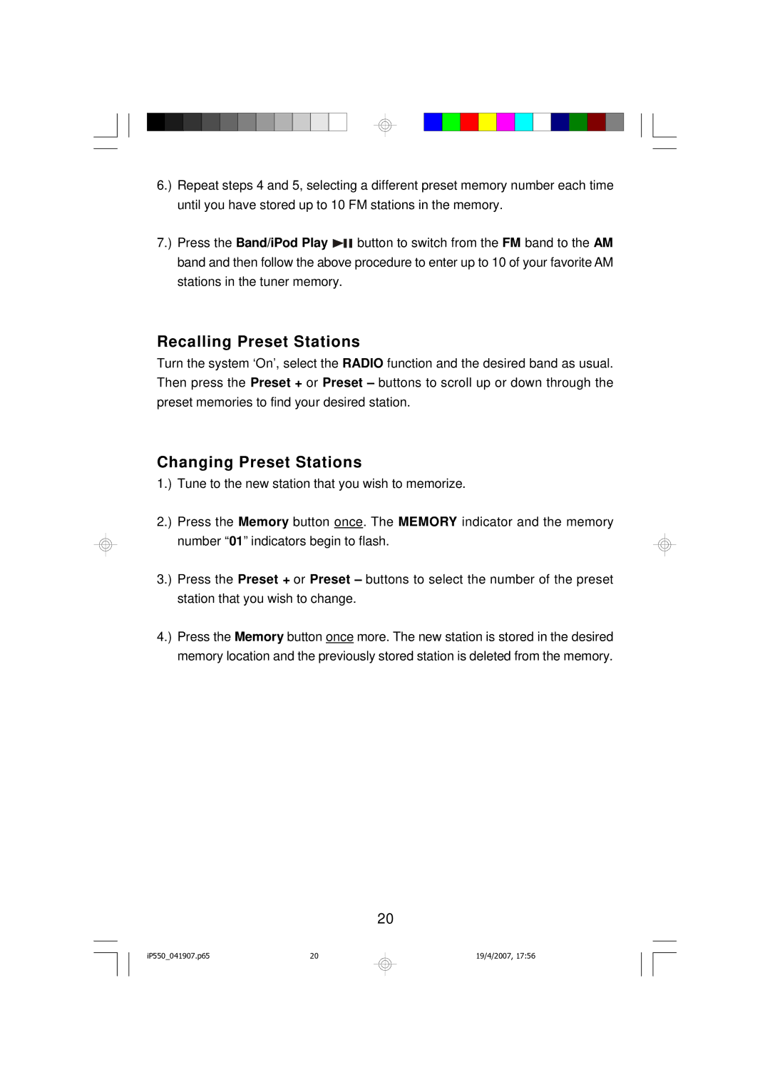 Emerson iP550BK owner manual Recalling Preset Stations, Changing Preset Stations 