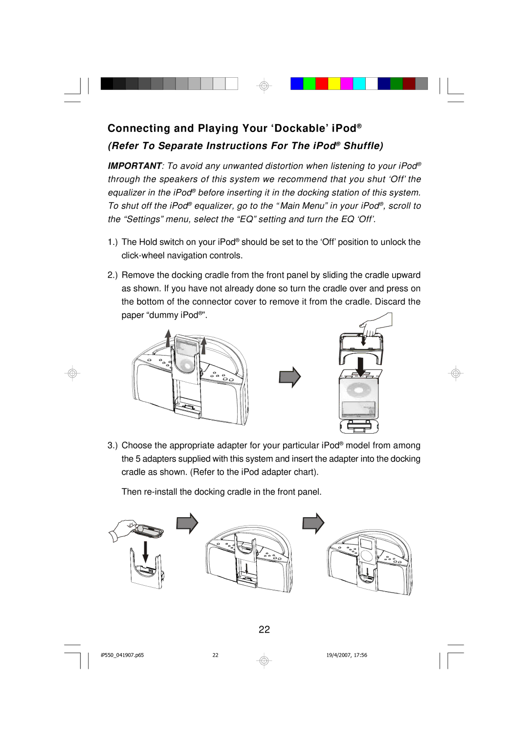 Emerson iP550BK Connecting and Playing Your ‘Dockable’ iPod, Refer To Separate Instructions For The iPod Shuffle 