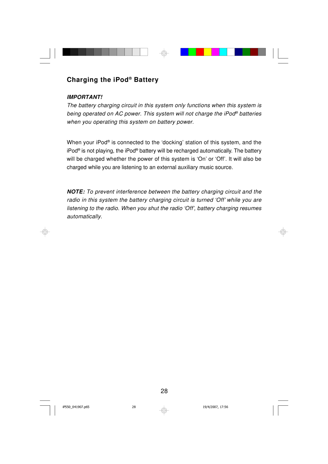 Emerson iP550BK owner manual Charging the iPod Battery 