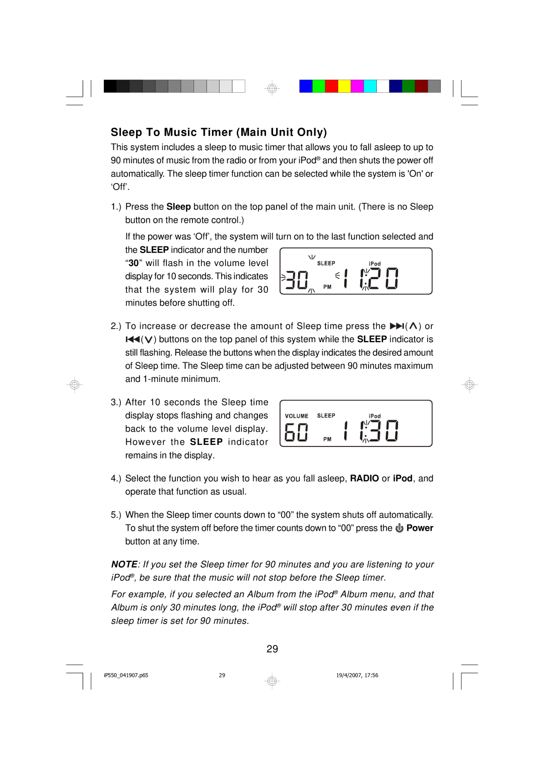 Emerson iP550BK owner manual Sleep To Music Timer Main Unit Only 