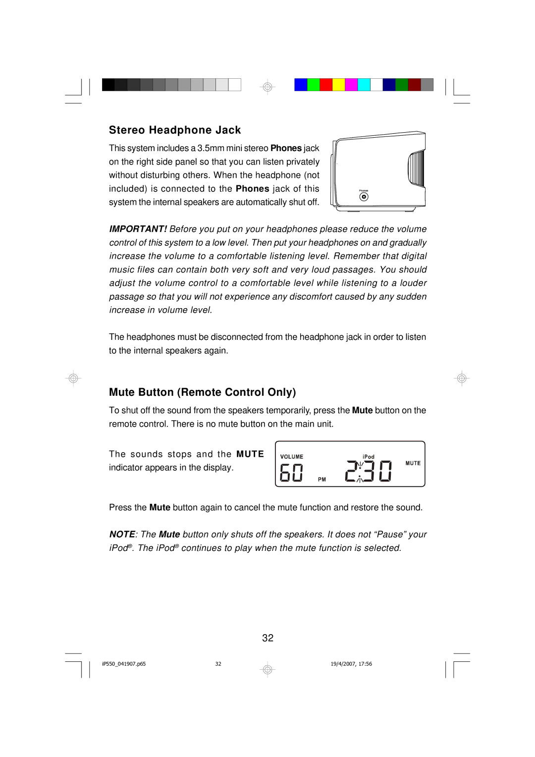 Emerson iP550BK owner manual Stereo Headphone Jack, Mute Button Remote Control Only 