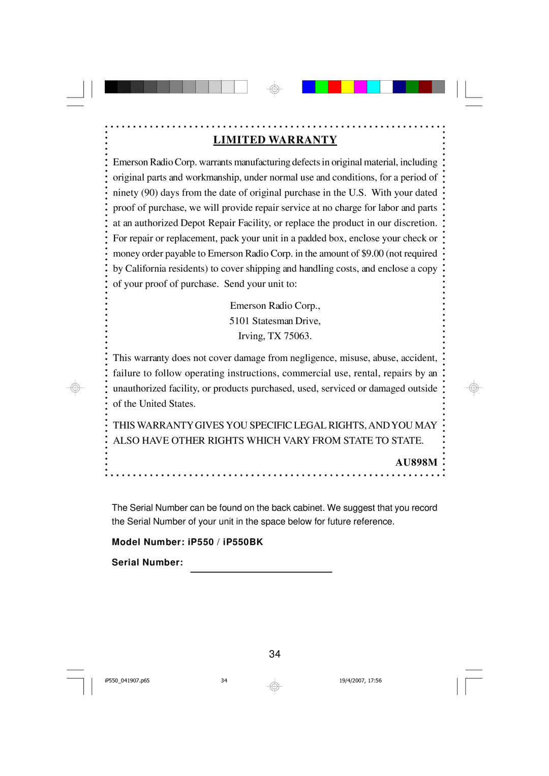 Emerson iP550BK owner manual Limited Warranty 