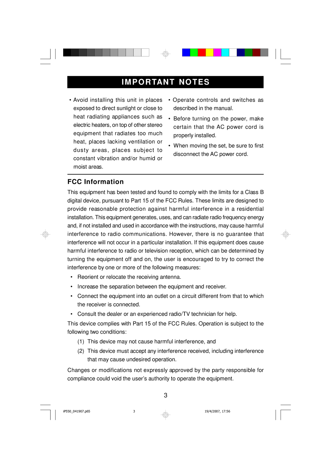 Emerson iP550BK owner manual IM Portant Notes, FCC Information 