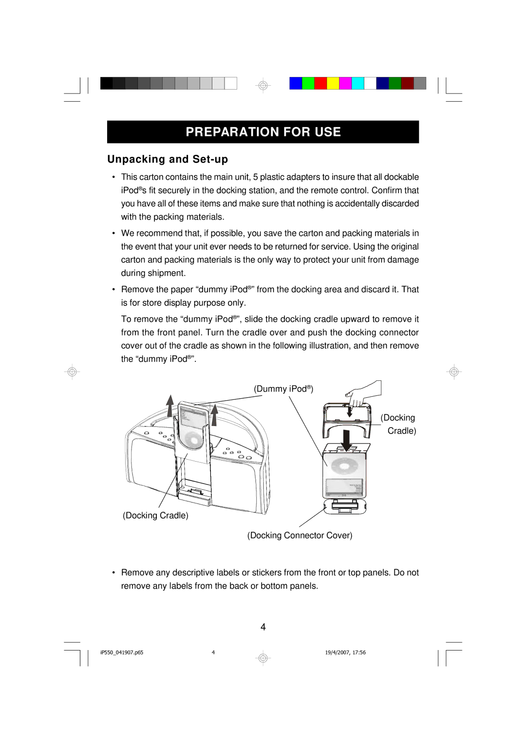 Emerson iP550BK owner manual Preparation for USE, Unpacking and Set-up 