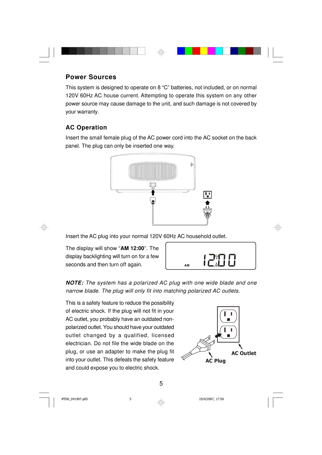 Emerson iP550BK owner manual Power Sources, AC Operation 