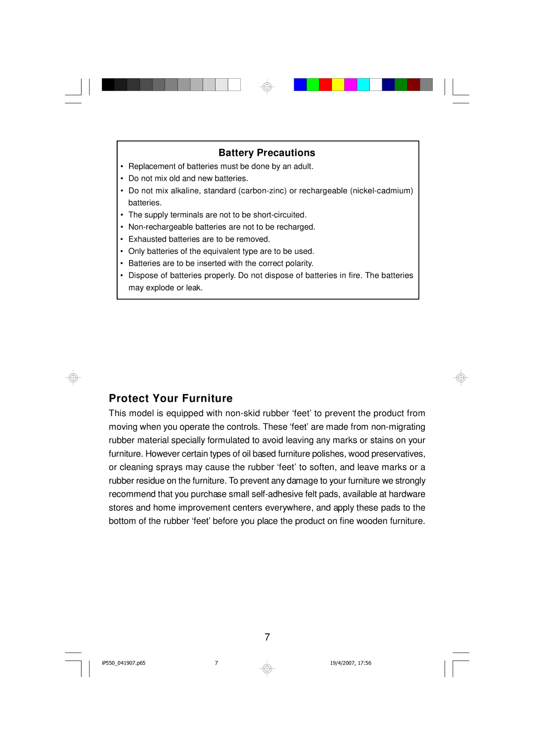 Emerson iP550BK owner manual Protect Your Furniture, Battery Precautions 