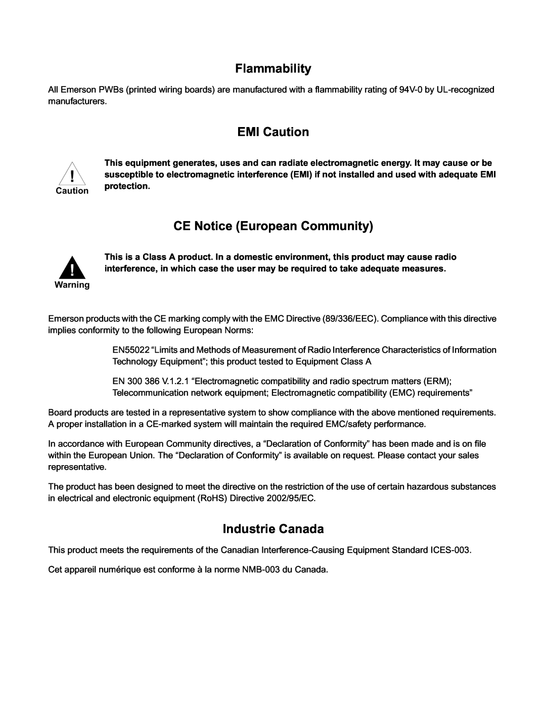 Emerson IPMC7616E, IPMC7126E manual Flammability, EMI Caution, CE Notice European Community, Industrie Canada 