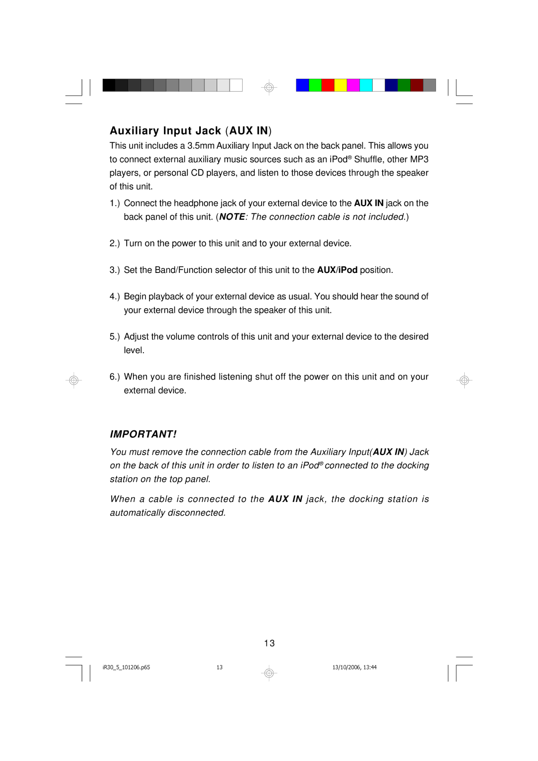 Emerson iR30 owner manual Auxiliary Input Jack AUX 