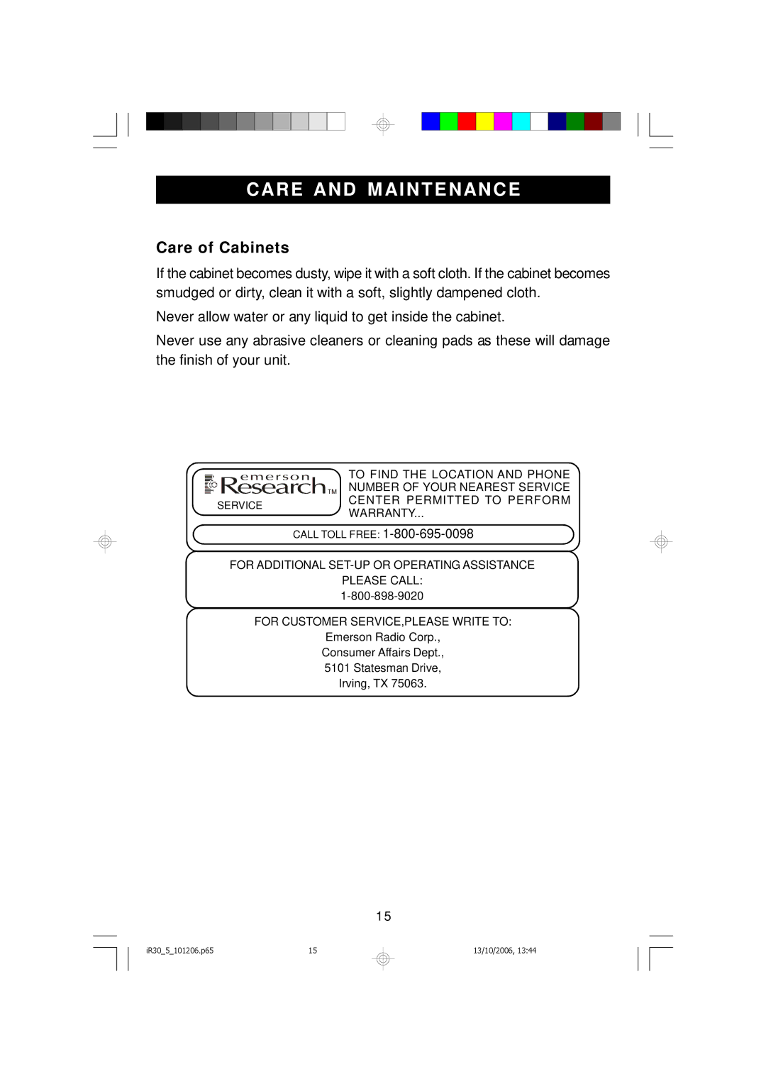 Emerson iR30 owner manual Care and M Aintenance, Care of Cabinets 