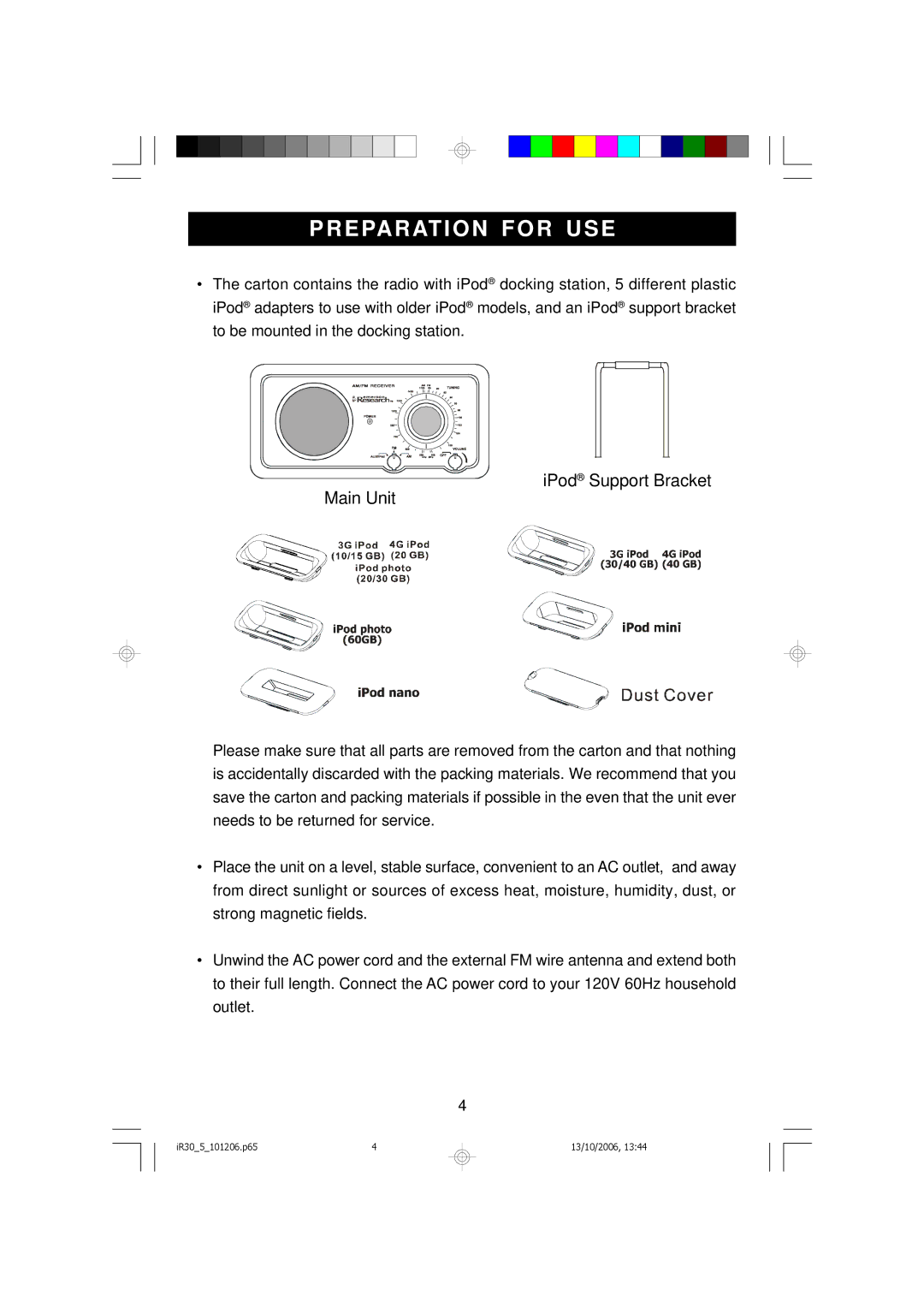 Emerson iR30 owner manual Preparation for USE, IPod Support Bracket Main Unit 