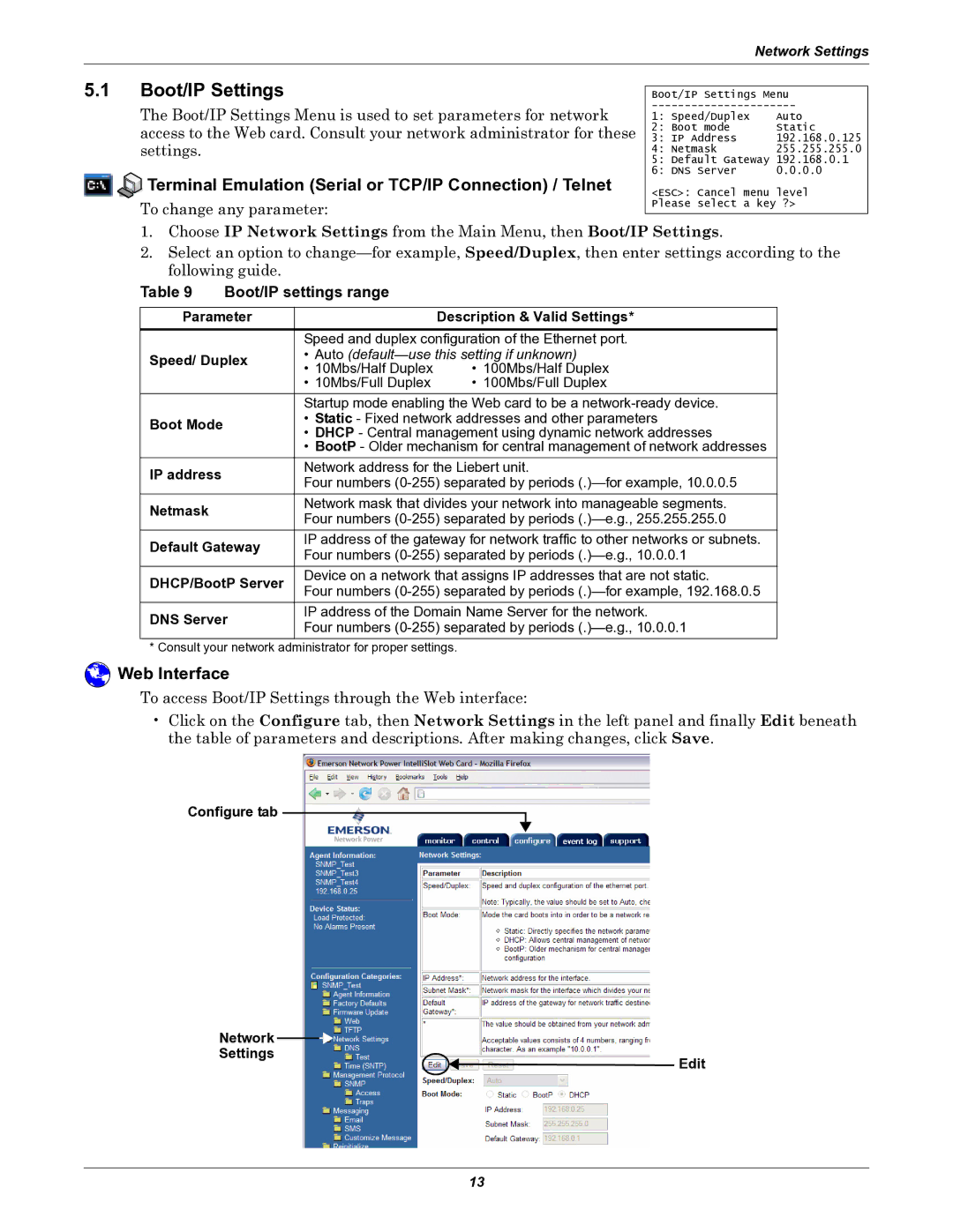 Emerson IS-WEB485ADPT installation manual Boot/IP Settings, Boot/IP settings range 