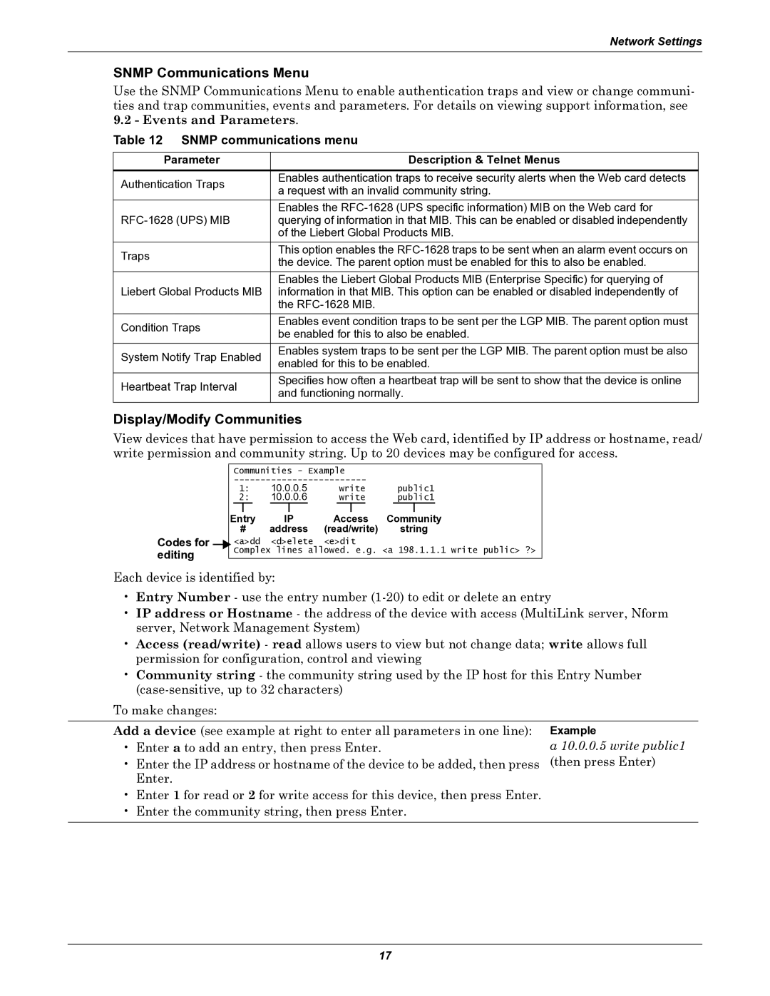 Emerson IS-WEB485ADPT installation manual Snmp Communications Menu, Display/Modify Communities, Snmp communications menu 