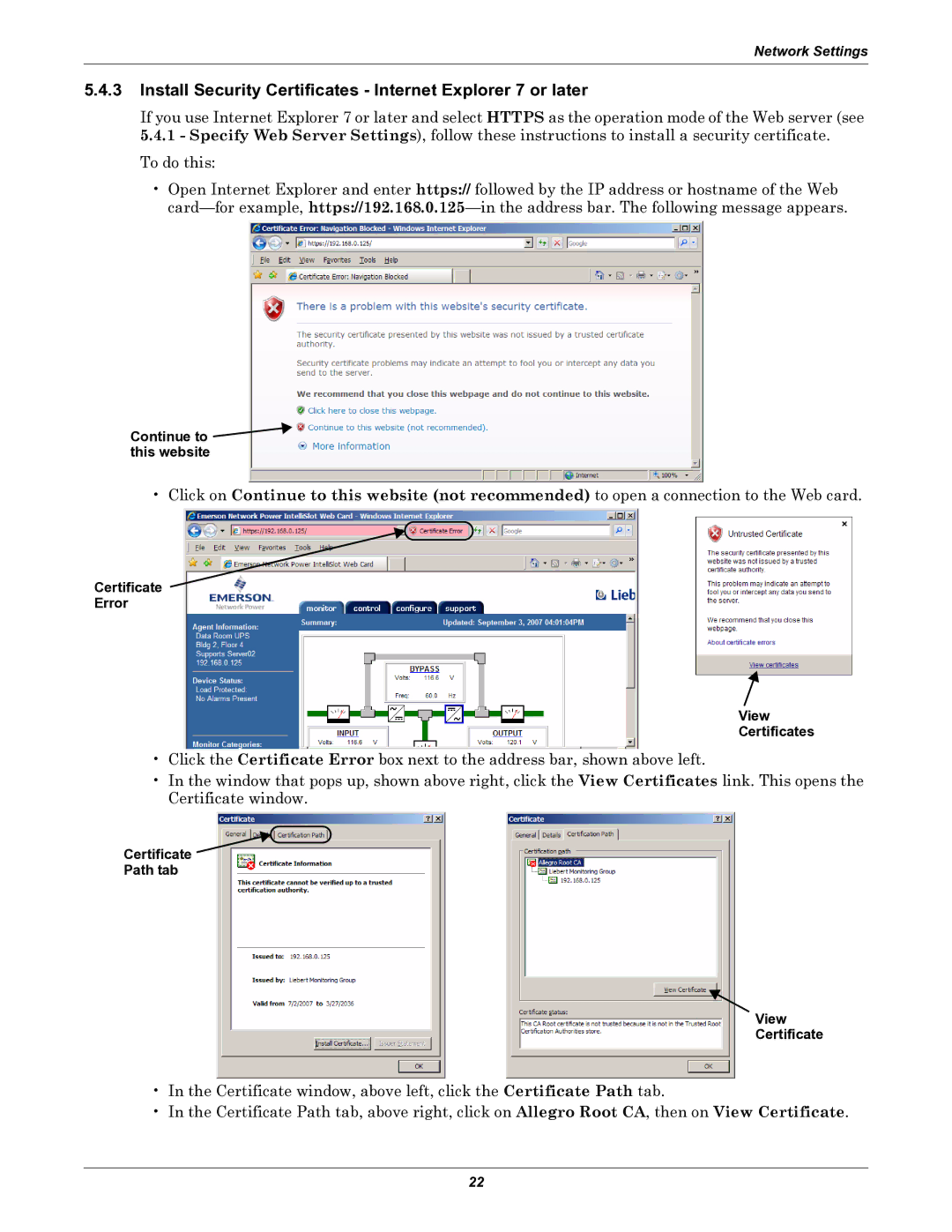 Emerson IS-WEB485ADPT Install Security Certificates Internet Explorer 7 or later, Continue to this website 