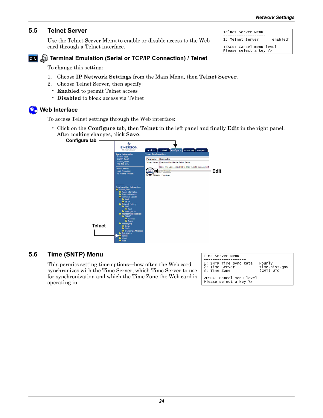 Emerson IS-WEB485ADPT installation manual Telnet Server, Time Sntp Menu, Configure tab Edit Telnet 