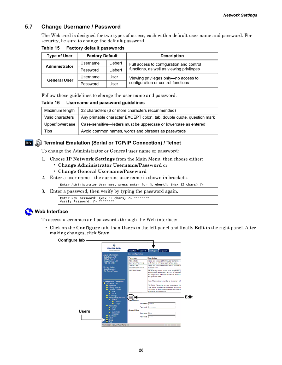 Emerson IS-WEB485ADPT Change Username / Password, Factory default passwords, Username and password guidelines 