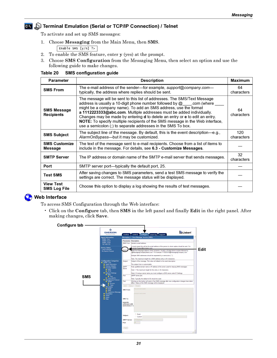 Emerson IS-WEB485ADPT installation manual SMS configuration guide 