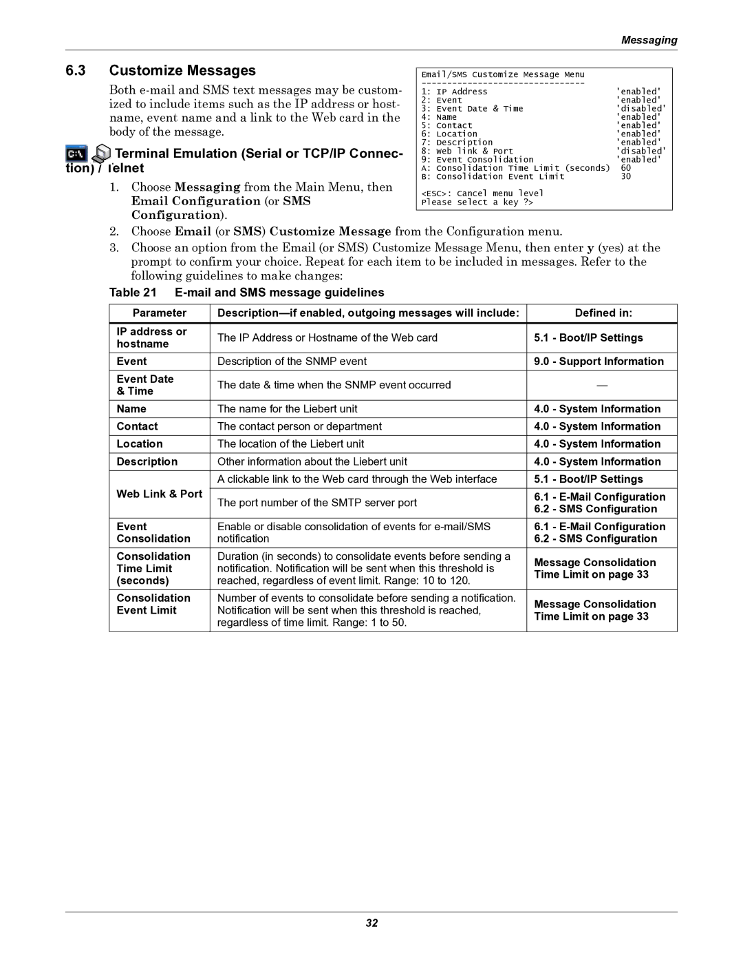 Emerson IS-WEB485ADPT installation manual Customize Messages, Terminal Emulation Serial or TCP/IP Connec- tion / Telnet 