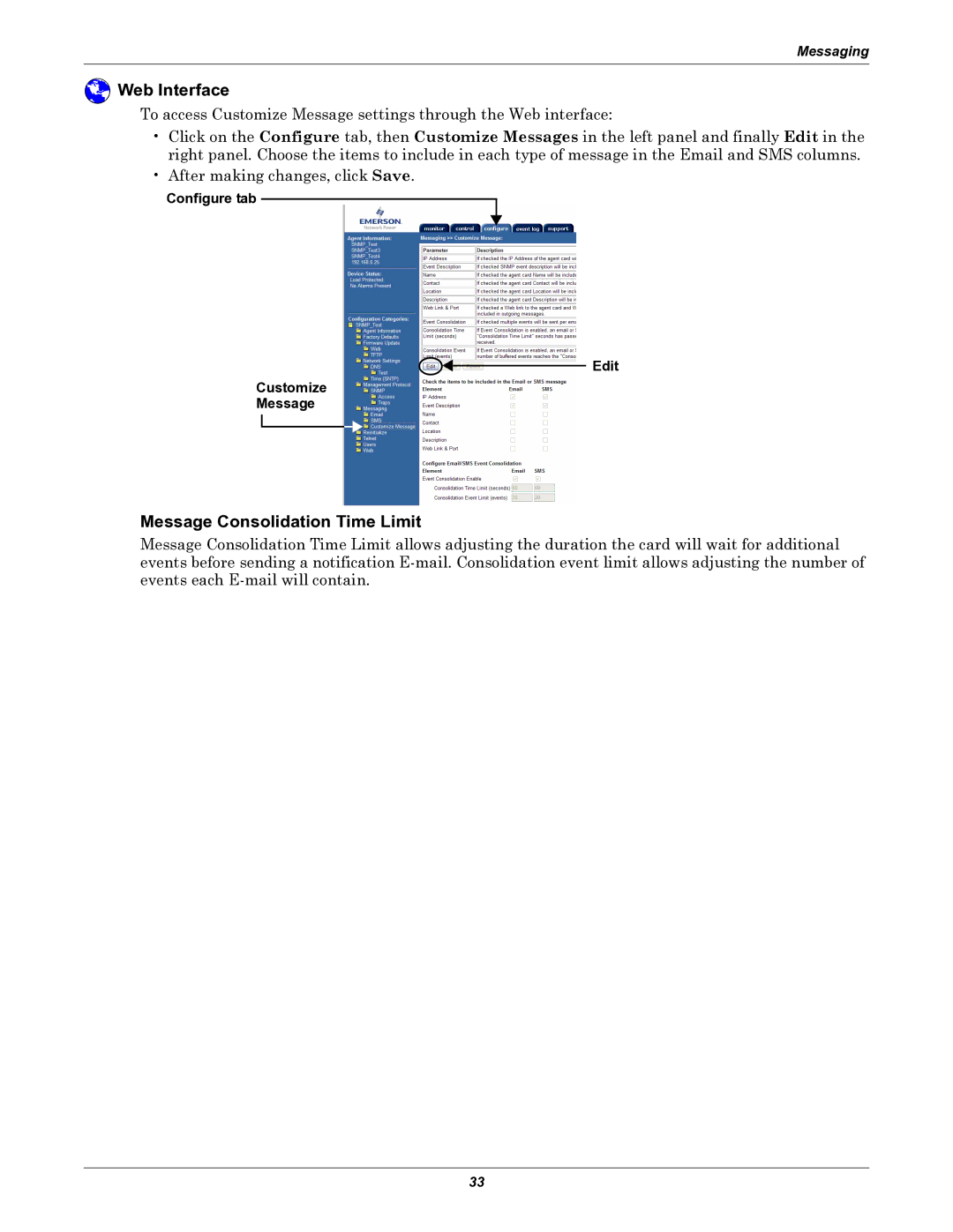 Emerson IS-WEB485ADPT installation manual Message Consolidation Time Limit, Configure tab Edit Customize Message 