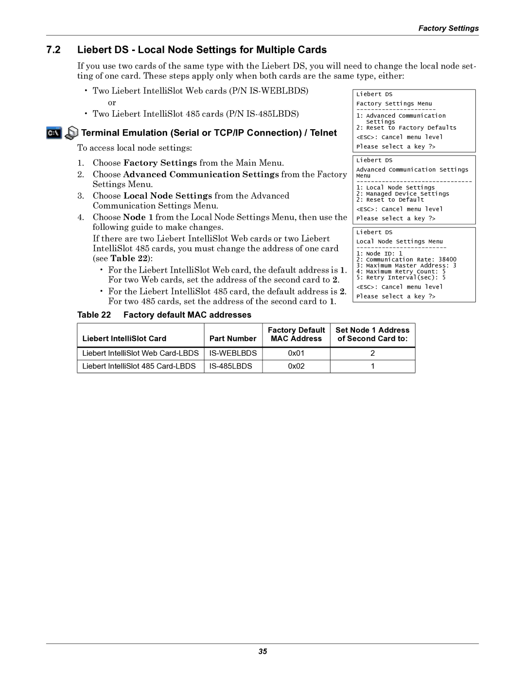 Emerson IS-WEB485ADPT installation manual Liebert DS Local Node Settings for Multiple Cards, Factory default MAC addresses 