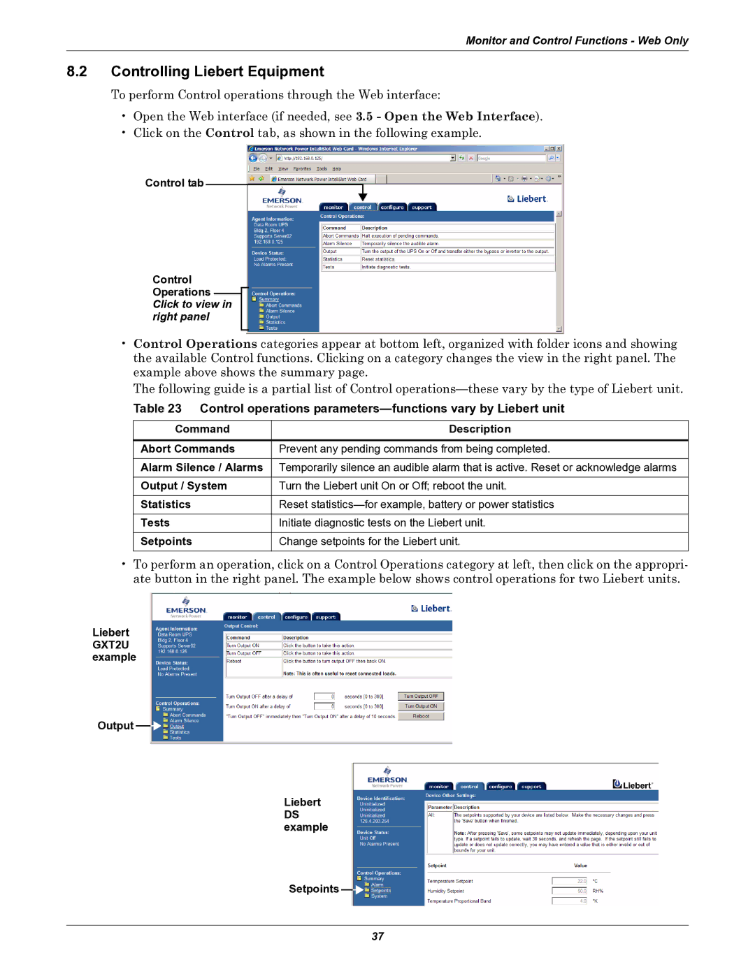 Emerson IS-WEB485ADPT Controlling Liebert Equipment, Control tab Control Operations Click to view in right panel 